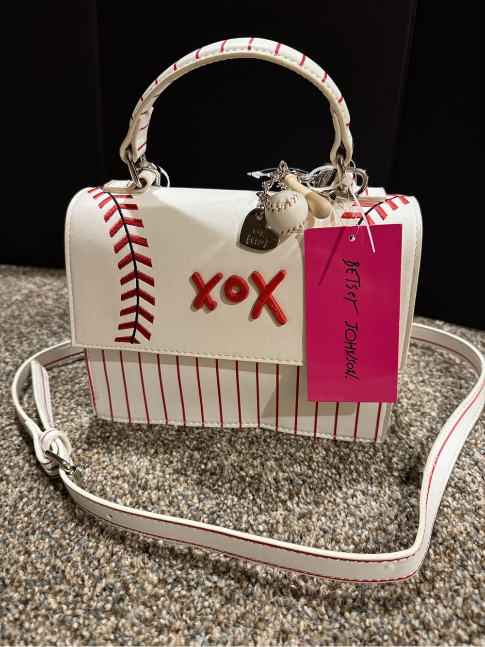 Betsey Johnson White & Red 'XOX' Baseball Crossbody Bag (6”x8”) with 3 charms